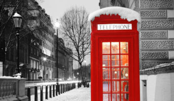 Red telephone box at winter